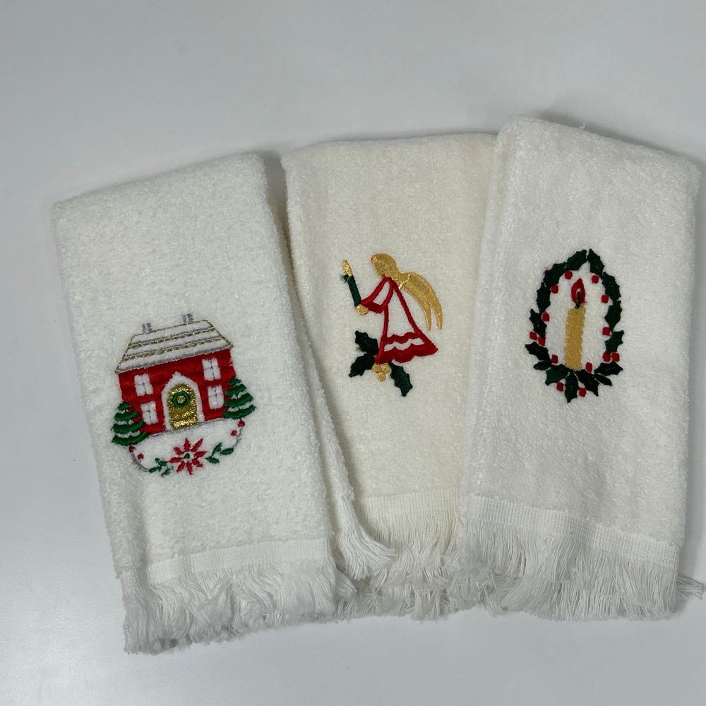 Vtg Cannon Hand Towel Angel Holly Candle Set of 3 Embroidered Christmas
